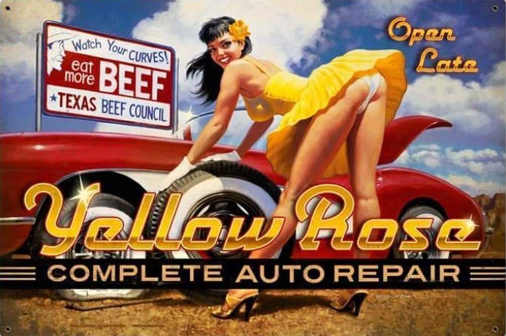 yellow rose advertising, red car with a young goodlooking girl